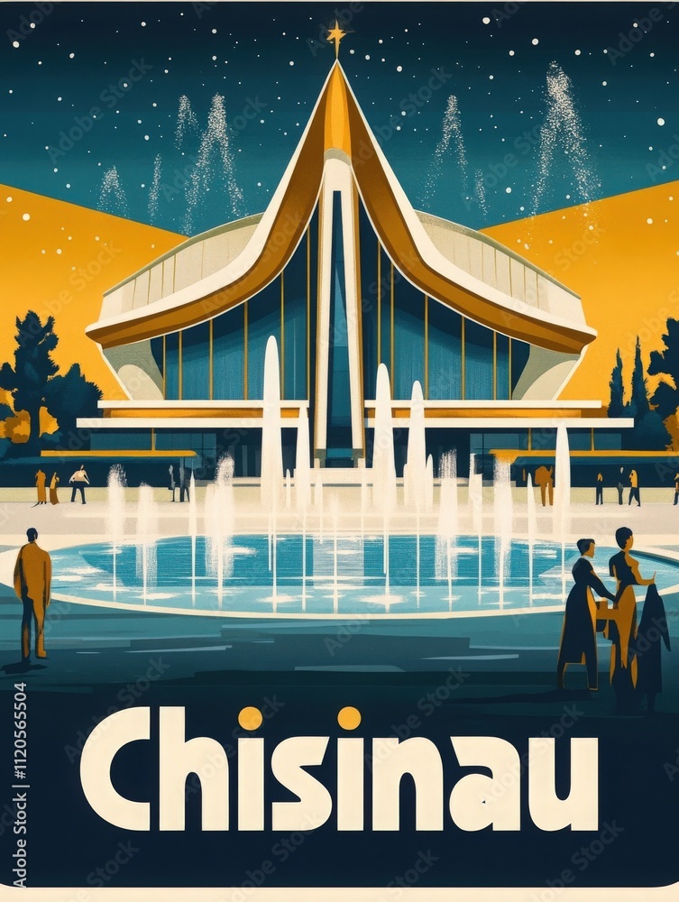 Brightly lit fountain dances before a modern building in Chisinau, creating a lively atmosphere. The scene captures the charm of the city at night, with people enjoying the surroundings.