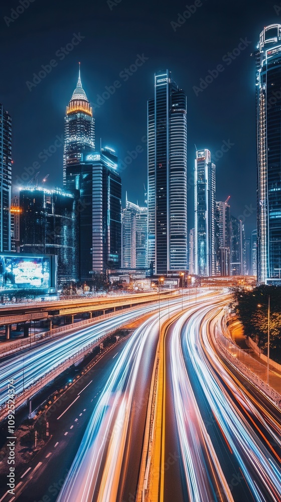 Brightly lit skyscrapers dominate the skyline at night, while vehicle lights create dynamic trails along the busy highway. The scene reflects the energy of urban life and modern architecture.