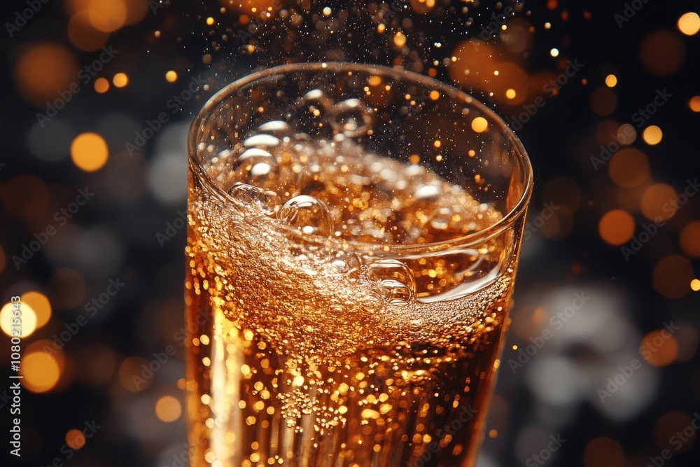 Bubbles rise and dance in a sparkling champagne flute, illuminated by warm lights. This festive drink captures the essence of celebration, perfect for toasting special moments.
