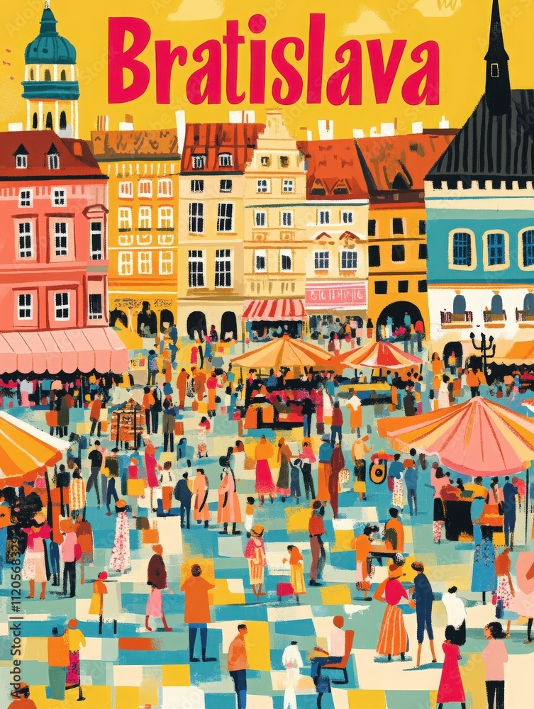 Bustling market in Bratislava features colorful stalls and a diverse crowd enjoying the lively atmosphere. Visitors engage in shopping and socializing under a bright sunny sky.