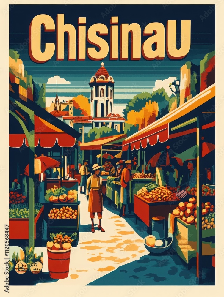 Bustling market in Chisinau filled with various fruits, vegetables, and vendors. The setting features colorful stalls and a historical building in the background under clear skies.