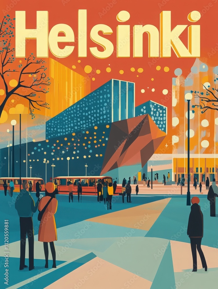Busy streets of Helsinki come alive in the evening, showcasing modern architecture, warm lights, and diverse crowds enjoying the vibrant atmosphere of the city.