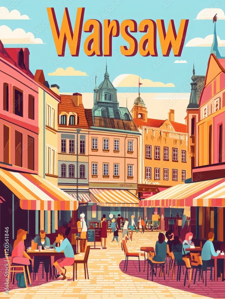 Charming street in Warsaw features outdoor cafes filled with patrons. Historic buildings line the pathway under a bright sky, creating a lively atmosphere in the heart of the city.