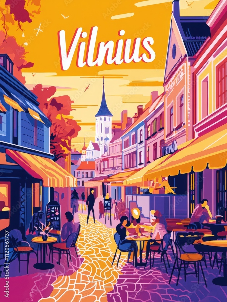 Charming streets of Vilnius come alive at sunset with vibrant colors and people enjoying outdoor cafes. Historical buildings and a church tower create a picturesque backdrop for evening relaxation.