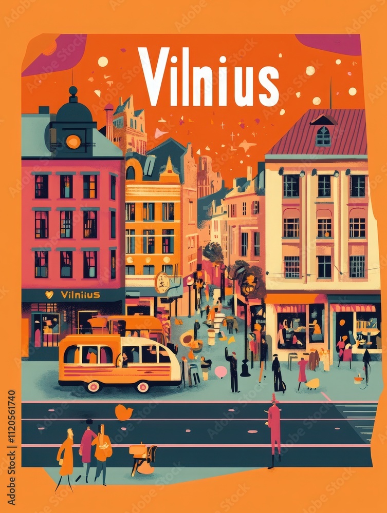 Charming streets of Vilnius come alive with pedestrians, vintage trams, and colorful architecture under an orange sky, showcasing the citys vibrant atmosphere and culture.