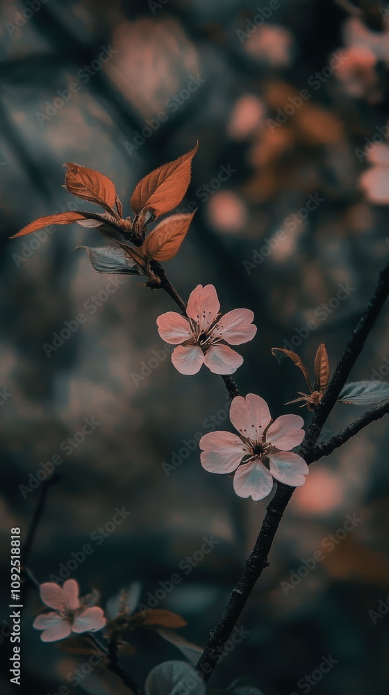 Cherry blossoms bloom on branches, showcasing soft pink petals against dark green leaves. The tranquil setting emphasizes their delicate beauty in early spring.