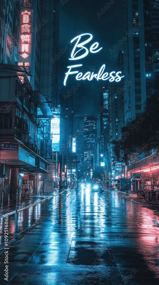 City streets are illuminated by colorful neon signs as rain creates reflections on the pavement. Skyscrapers rise in the background, adding to the urban atmosphere during nighttime.