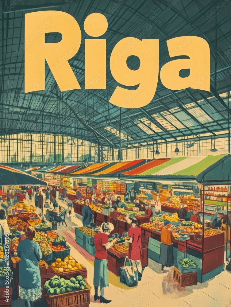 Classic market setting in Riga filled with colorful stalls displaying fresh fruits and vegetables. Local shoppers interact with vendors amid a bustling atmosphere, highlighting daily life.
