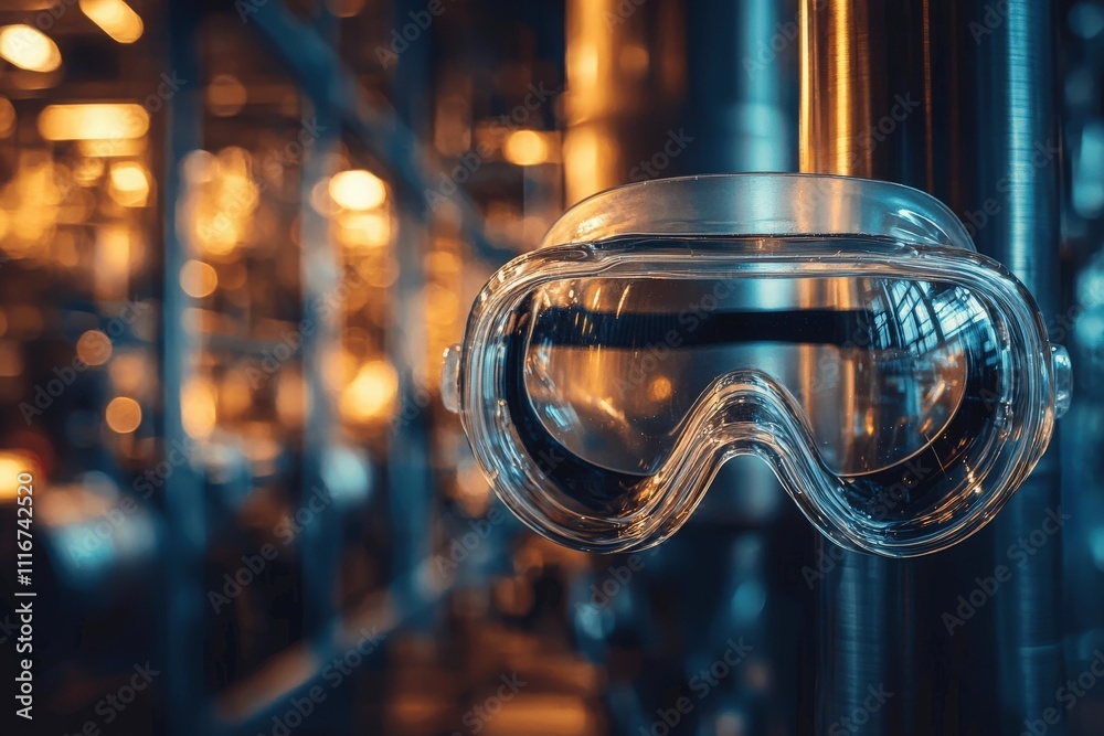 Clear safety goggles are suspended on a metal pipe in an industrial workshop. The environment has a warm glow, highlighting the surrounding machinery and tools, indicating active engagement.