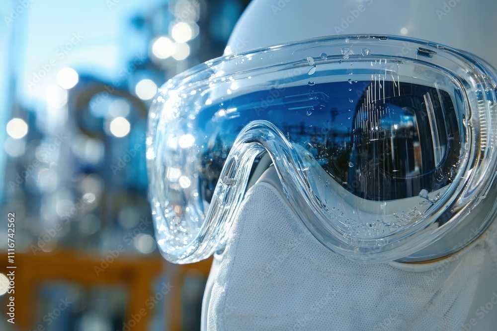 Close-up of protective goggles worn by a worker, showcasing reflections of an industrial setting. Water droplets cling to the surface, and bright lights create a shimmering effect.