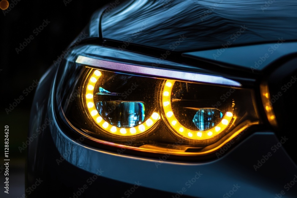 Close-up view of a modern car headlight featuring vibrant LED rings illuminated at night. The design showcases advanced lighting technology and adds a stylish touch to the vehicle.