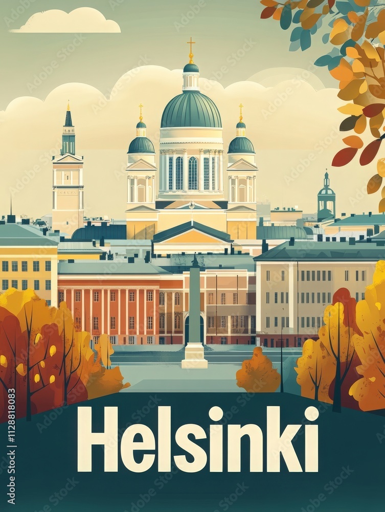 Colorful autumn leaves frame the stunning skyline of Helsinki, featuring the impressive cathedral with its domed roof. The scene captures the serene atmosphere of the city in fall.