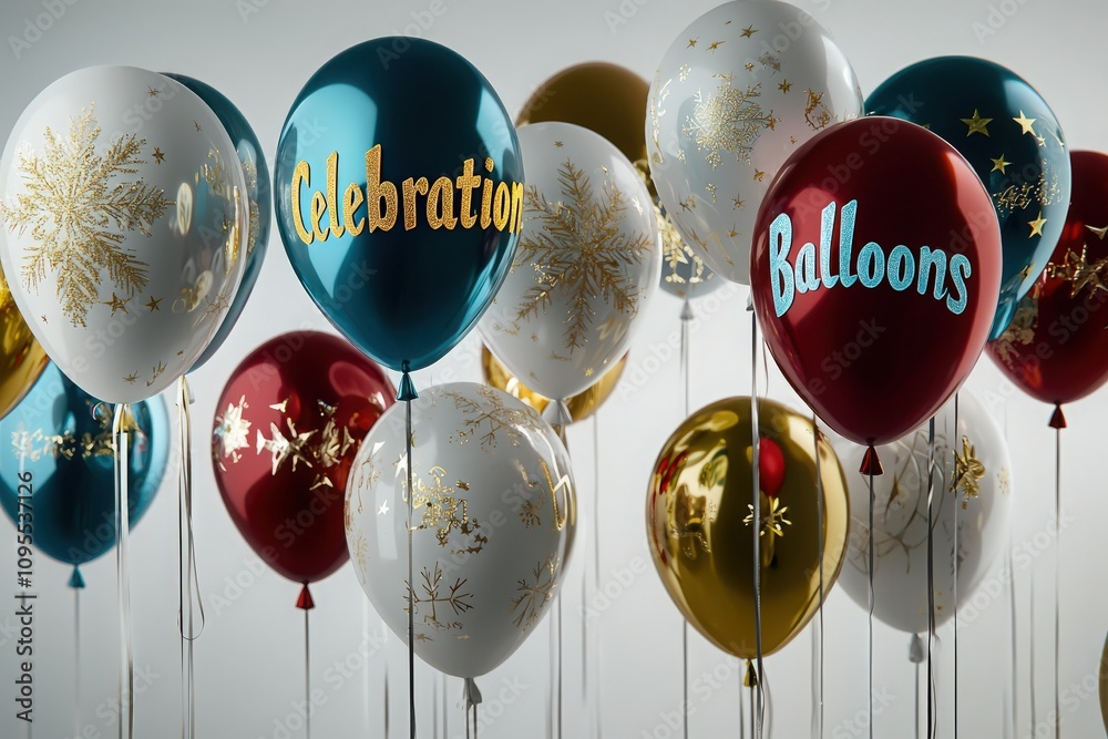 Colorful balloons with festive designs are floating against a light background, showcasing words like celebration and balloons. The vibrant assortment adds a cheerful touch to any event.