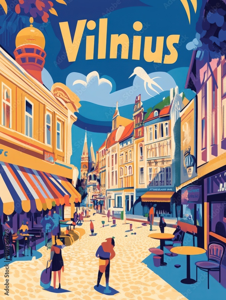 Colorful buildings line the cobblestone streets of Vilnius, as people enjoy the lively atmosphere in the city. Shops and cafes create a welcoming ambiance on a sunny day.