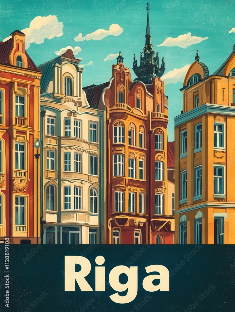 Colorful buildings line the street in Riga, featuring a blend of ornate designs and vivid hues under a clear sky. The scene highlights the architectural beauty and artistic heritage of the city.