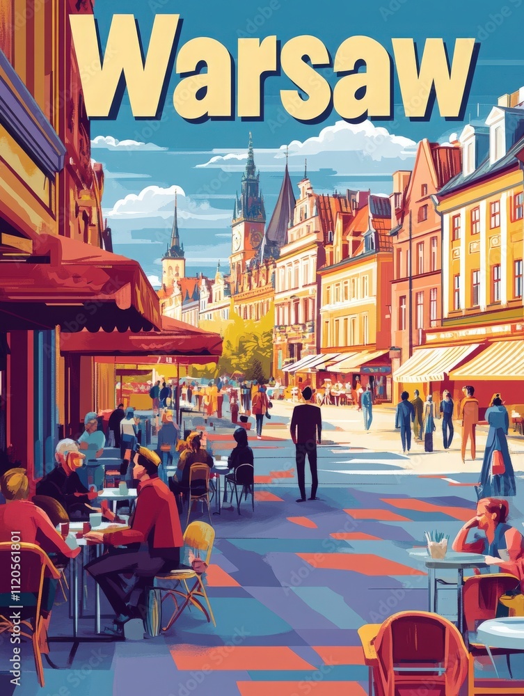 Colorful cafes and people enjoy leisurely activities in Warsaws Old Town. Lively atmosphere filled with visitors and locals exploring the charming streets.