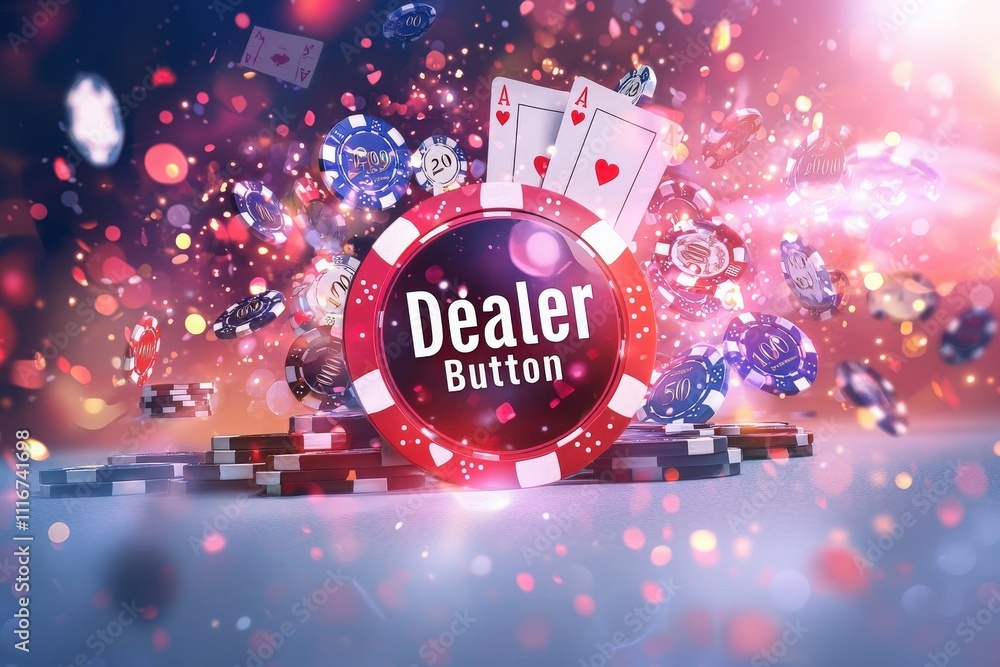Colorful casino atmosphere showcases a dealer button surrounded by playing cards and chips. The scene conveys a lively card game experience filled with anticipation and excitement.