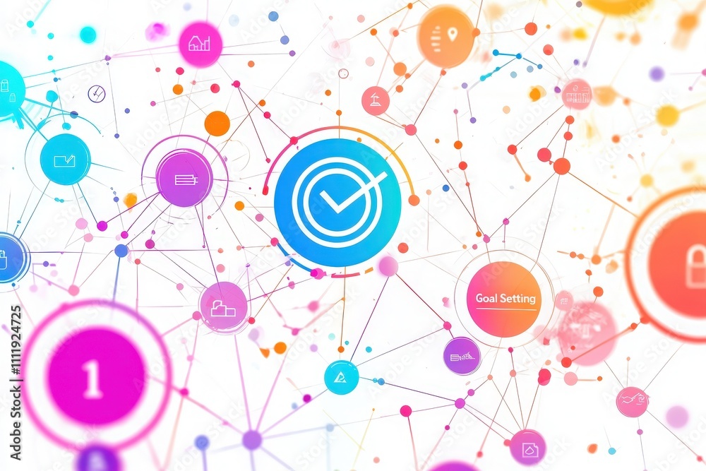 Colorful circles connected by lines illustrate various concepts such as goal setting, planning, and productivity. The design symbolizes the interconnectedness of ideas and objectives.