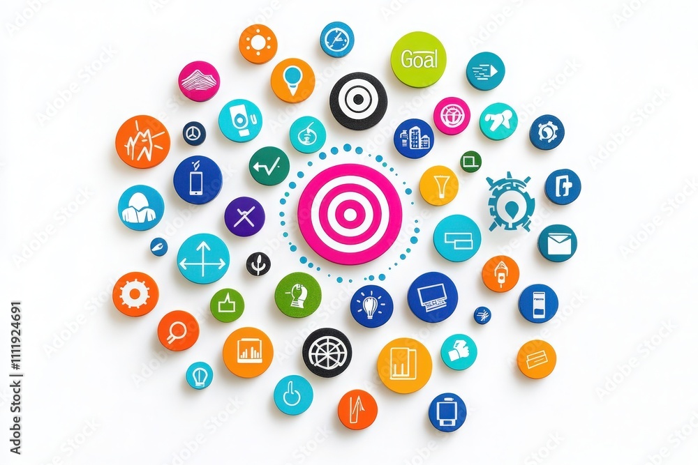 Colorful circular icons symbolize various digital marketing concepts around a central pink target. This creative layout emphasizes goals and strategies in modern marketing.