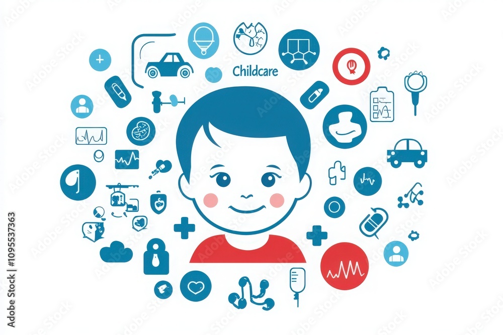 Colorful design featuring a cheerful child surrounded by icons related to childcare, health, and safety. Symbols include medical equipment, vehicles, and fitness elements, illustrating nurturing care.