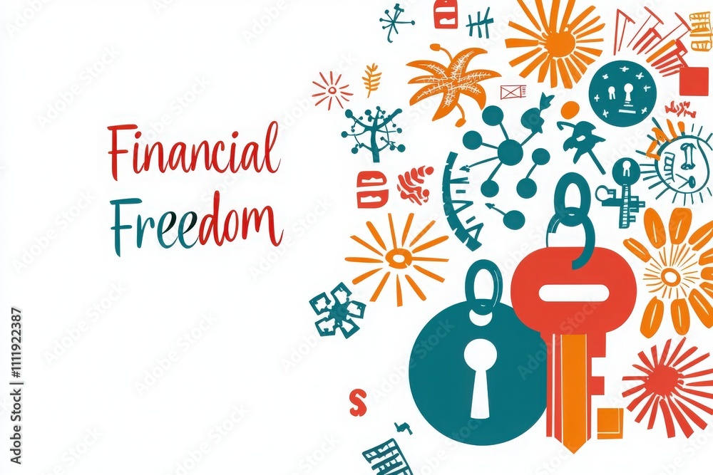 Colorful design illustrates concepts of financial freedom, featuring locks, keys, and symbols representing wealth and security.