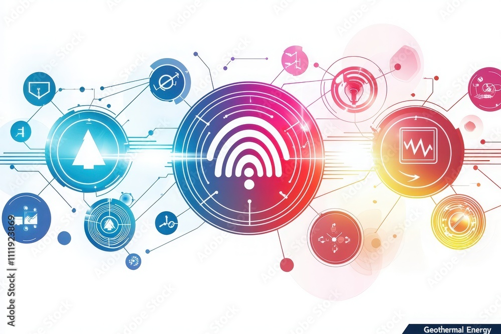 Colorful digital symbols illustrate various aspects of geothermal energy, including graphs, icons of nature, and wireless technology, emphasizing innovation in sustainable practices.