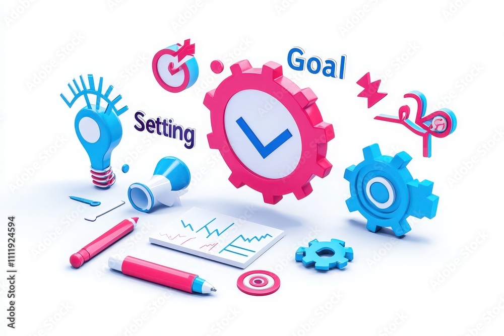 Colorful elements representing goal setting and planning are arranged together. These include gears, a light bulb, a chart, and writing tools that emphasize productivity and organization.
