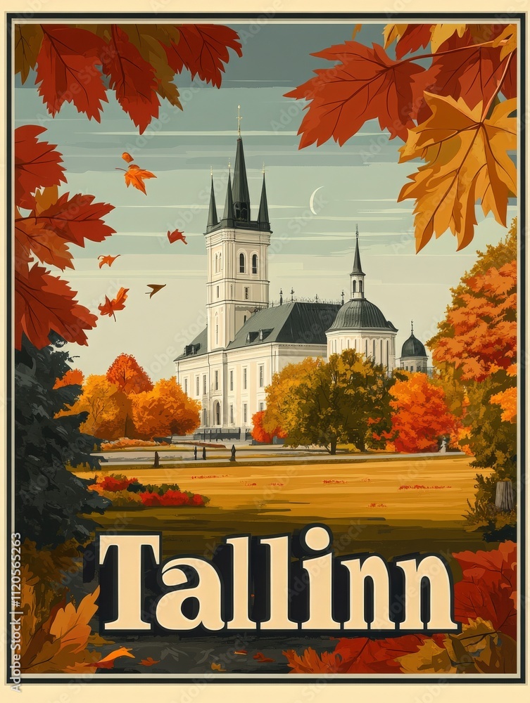 Colorful fall leaves frame a historic building in Tallin, showcasing the charm of this European city. The sky is partly cloudy, enhancing the warm autumn atmosphere.