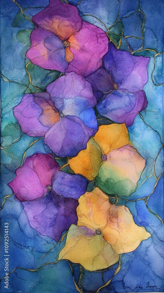 Colorful flowers in shades of purple and yellow fill the space, surrounded by a soothing blue background. The delicate petals display intricate details and fluid strokes, capturing beauty.