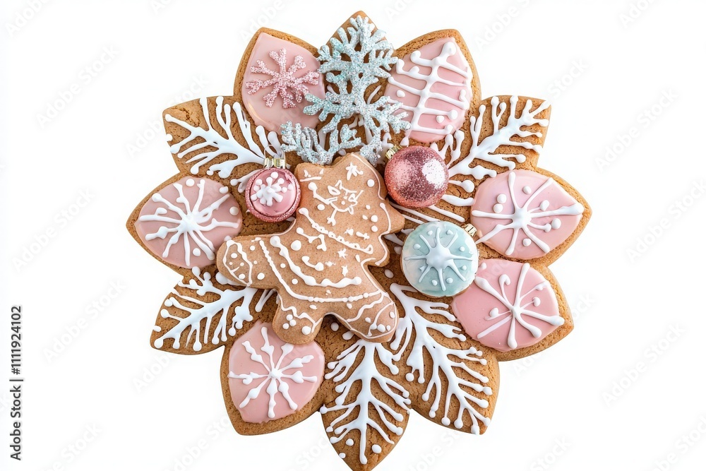 Colorful gingerbread cookies shaped like leaves and snowflakes are beautifully arranged in a floral pattern. A gingerbread figure sits at the center, enhancing the festive theme.