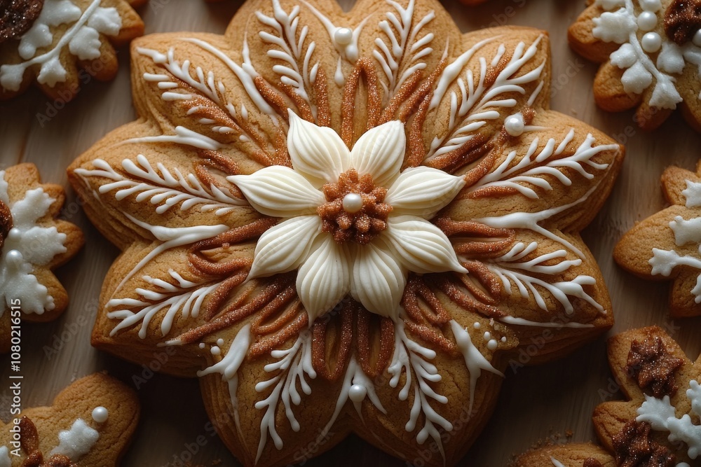 Colorful gingerbread shaped like a snowflake showcases detailed icing decorations, capturing the festive spirit. This holiday treat is beautifully arranged on a wooden surface, ready for celebration.