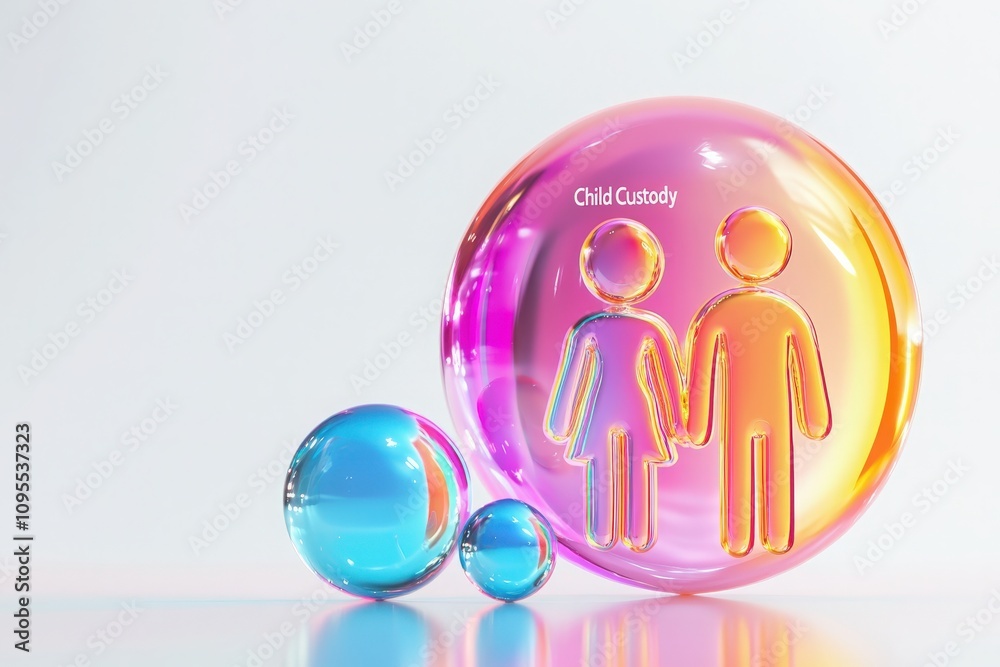 Colorful glass figures depict two people holding hands, symbolizing child custody. The design features an elegant blend of colors, emphasizing the importance of partnership in custody matters.