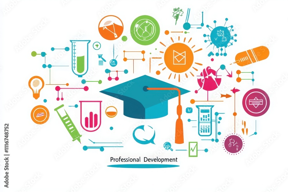 Colorful graphic illustrates concepts related to professional development through various symbols like a graduation cap, laboratory equipment, and communication tools.