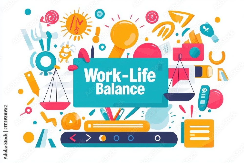 Colorful graphics depict various aspects of work-life balance, featuring icons like scales, clocks, and tools.