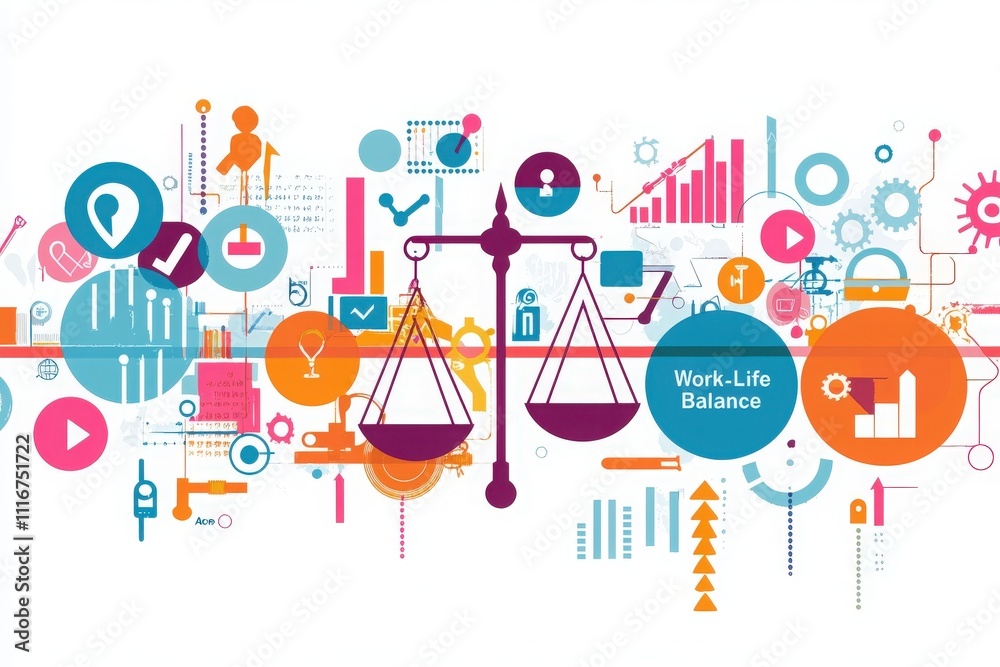 Colorful graphics illustrate the concept of work-life balance, featuring scales at the center surrounded by various icons, charts, and symbols representing productivity and personal life.