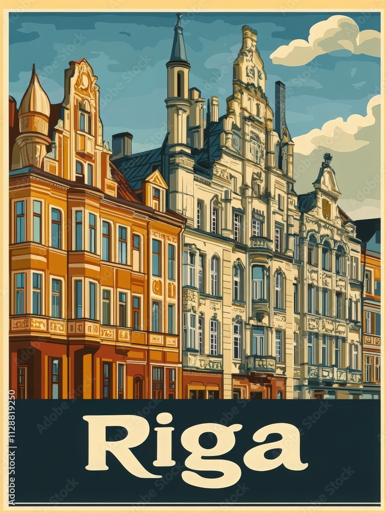 Colorful historic buildings line the street in Riga, featuring intricate designs and varying styles. A cloudy sky looms above, adding depth to the vibrant atmosphere of this Latvian capital.