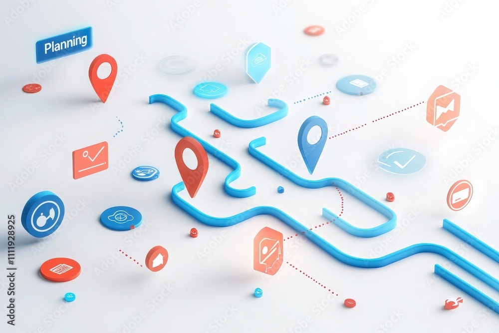 Colorful icons and pathways depict a digital planning environment, showcasing various project management tools and functionalities. This design emphasizes organization and navigation in workflows.