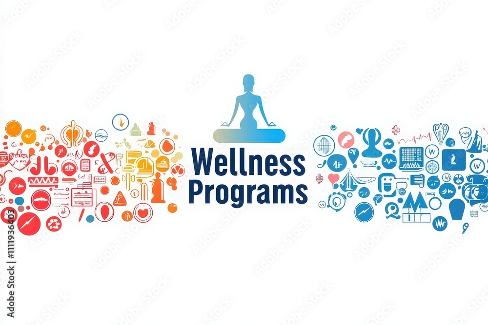 Colorful icons representing health, fitness, and wellness surround the central text of wellness programs. The design emphasizes a holistic approach to improving well-being and lifestyle choices.