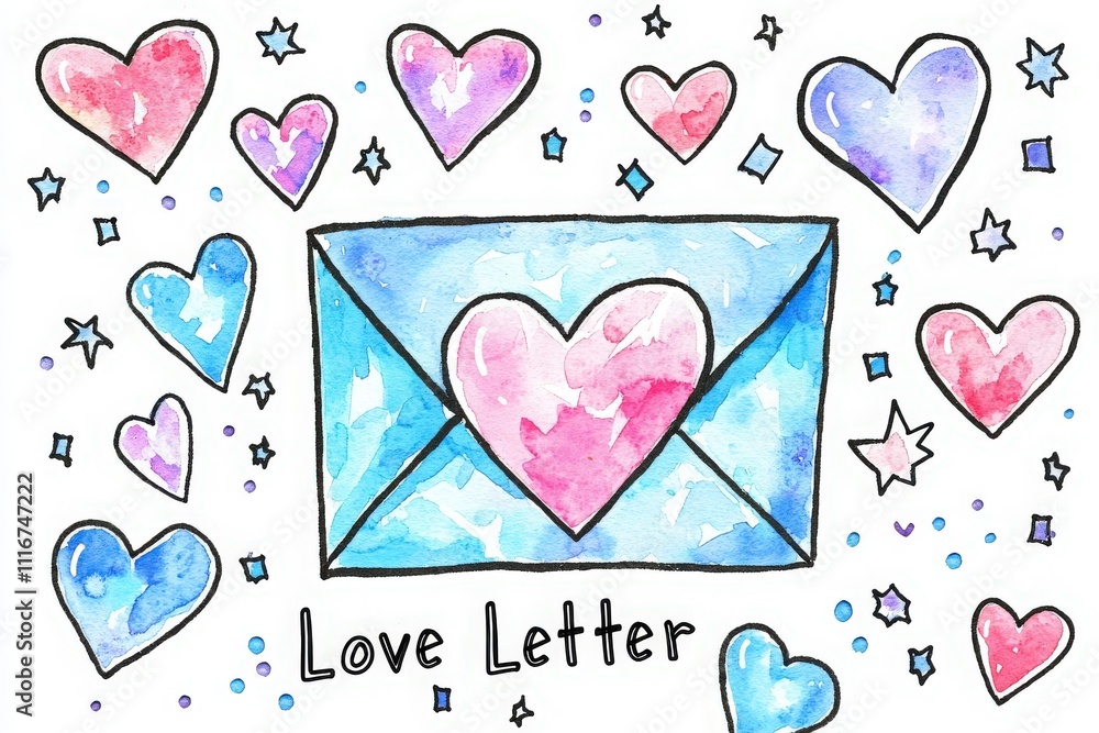 Colorful illustration features an envelope with a heart design, surrounded by various hearts and stars. The playful and romantic vibe highlights feelings of love and affection.