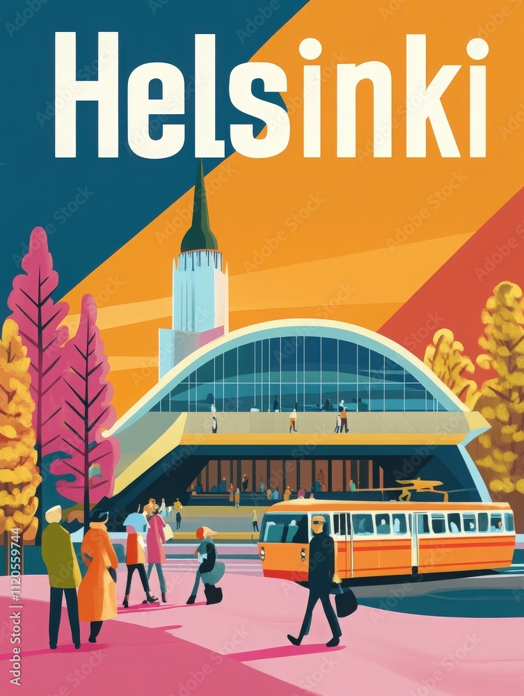 Colorful illustration of Helsinki features a modern building and a tram, with people enjoying the sunny day. Trees in pink and orange hues enhance the lively atmosphere of the city.