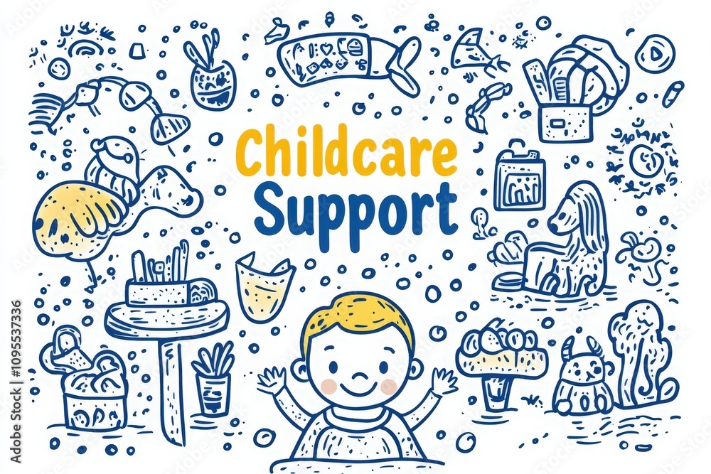 Colorful illustrations highlight various aspects of childcare support, including playful activities, nurturing moments, and engaging environments for young children.