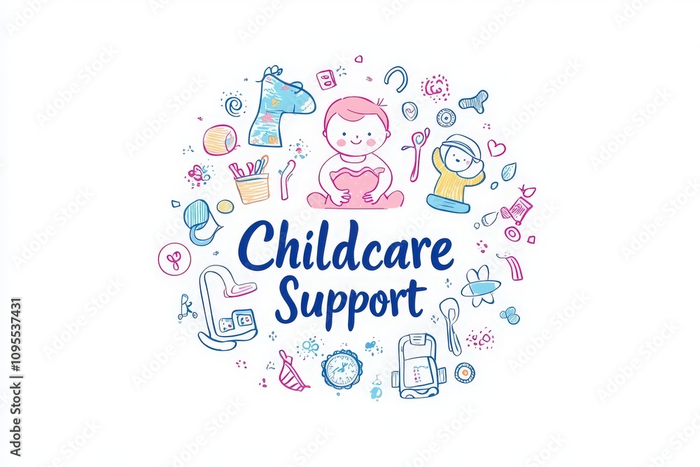 Colorful illustrations highlight various childcare support tools and activities surrounding a child. The design focuses on ease for families, showcasing young caregivers and toys.