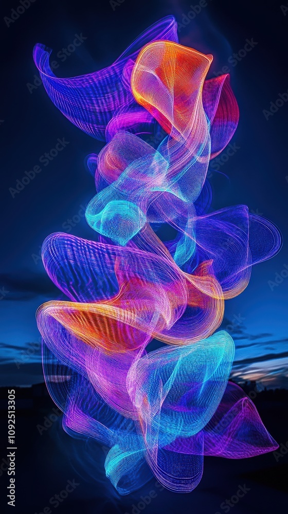 Colorful light trails dance in mesmerizing shapes, creating an ethereal display. The captivating patterns are set against a deep twilight sky, enhancing the visual spectacle.