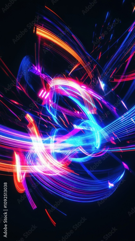 Colorful light trails swirl and intertwine in a mesmerizing display, capturing energy and movement. The vibrant colors contrast against a dark background, evoking a sense of excitement.