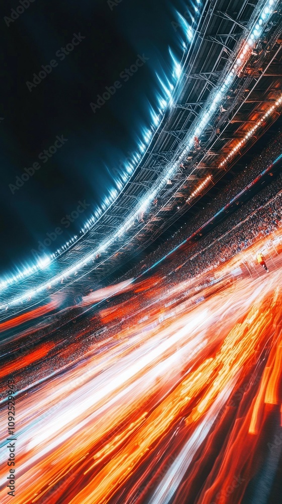 Colorful lights create streaks as fans cheer in a packed stadium at night. The electric atmosphere captures the excitement of the competition unfolding below.
