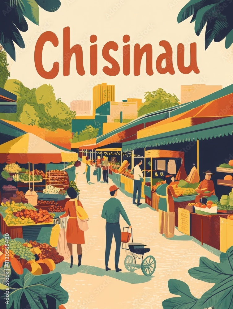 Colorful market in Chisinau bustling with activity offers a variety of fresh produce. Vendors display fruits and vegetables while shoppers engage in conversation and browsing.