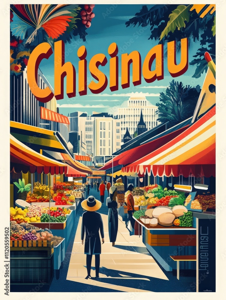 Colorful market in Chisinau filled with diverse fruits and vegetables. Shoppers explore stalls under bright awnings while the city skyline adds to the lively atmosphere of the day.