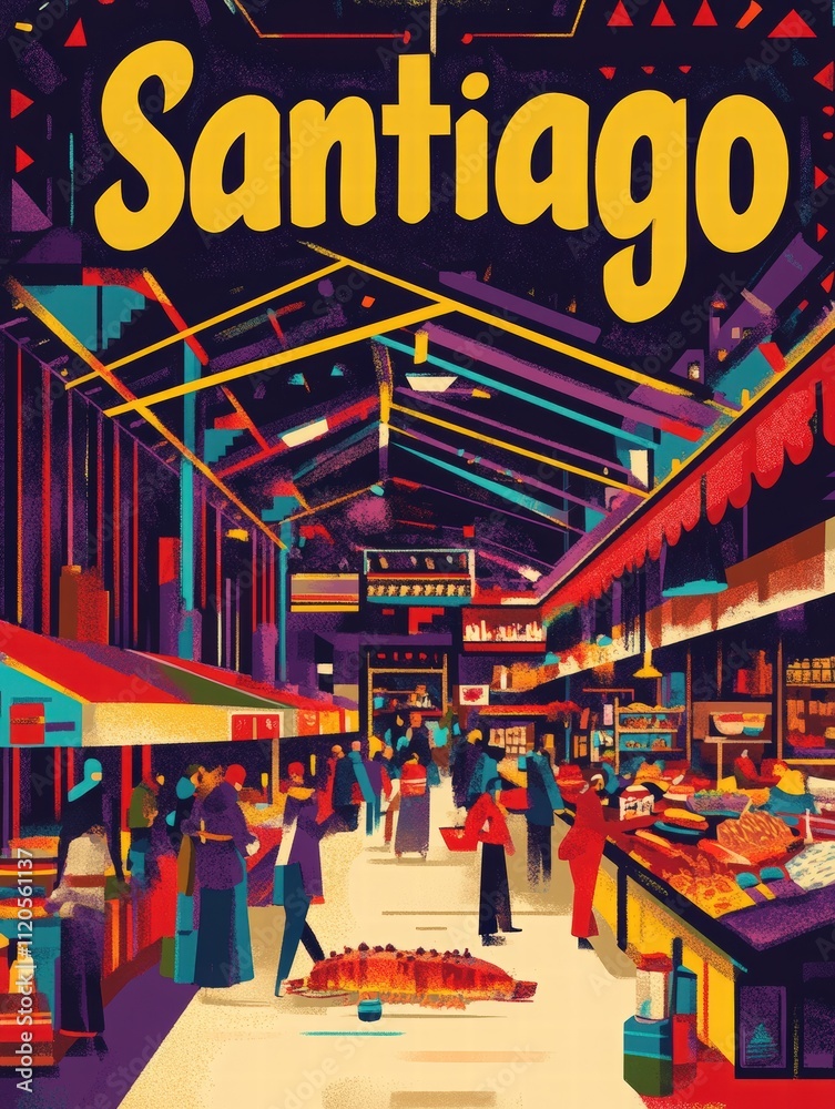 Colorful market in Santiago filled with vendors, shoppers, and various goods under bright lights, reflecting the lively atmosphere of daily life in the city.