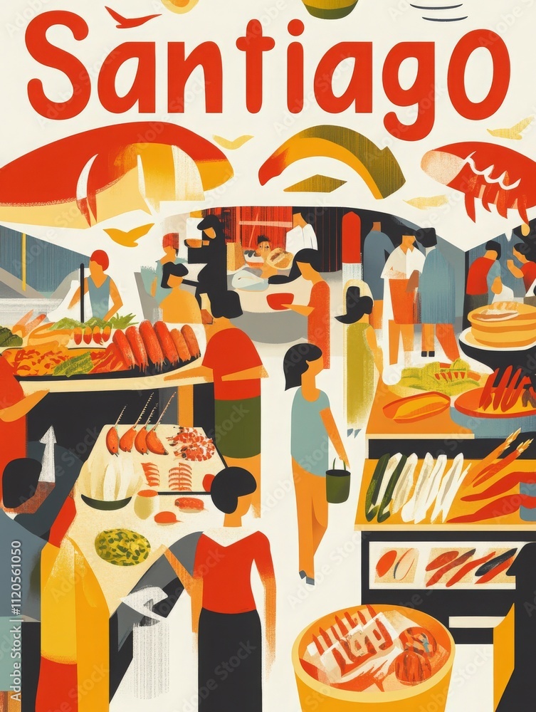 Colorful market in Santiago showcases a variety of fresh produce and local delicacies. Visitors enjoy shopping amidst lively stalls filled with seafood, meats, and traditional dishes.