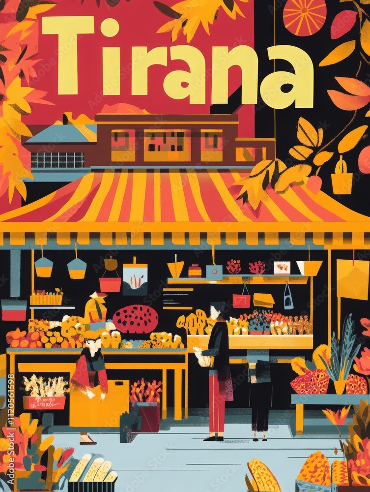 Colorful market in Tirana filled with fresh produce and autumn foliage. People engage with vendors, creating a lively atmosphere. Bright colors enhance the bustling environment of the market.